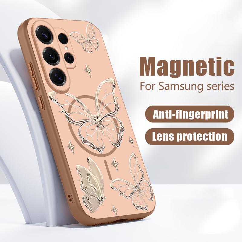 Coque à Motif Fleurs Papillons Pour Samsung Galaxy S26 Ultra S25 Edge S24 Plus S23 FE S22 A17 A54 A55 A56 A57 5G Magnétique Pour Magsafe Housse Mate