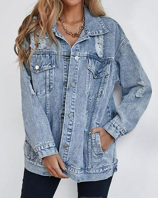 TEMU Women s Oversized Distressed Denim Jacket M