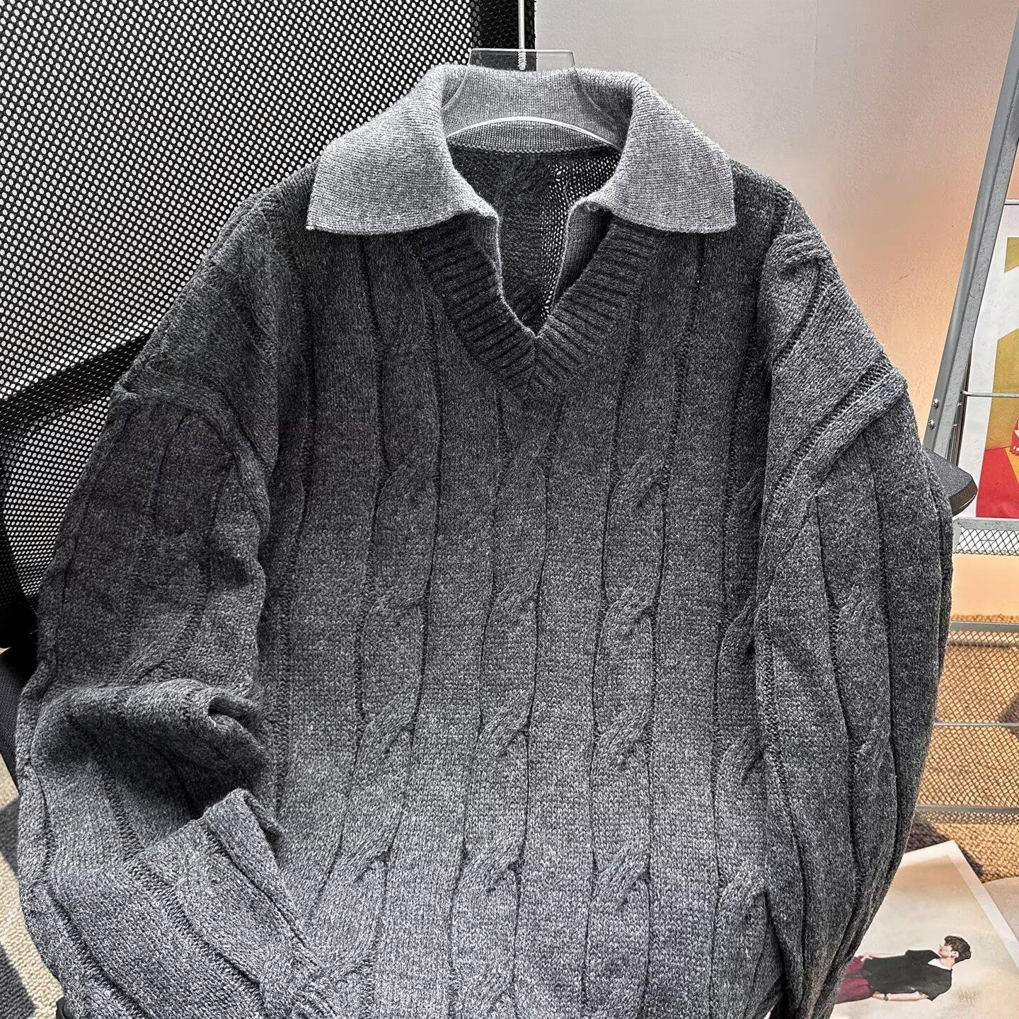 

American Autumn/Winter Faux Two-Piece Polo Shirt Cable Knit Pullover - Trendy Japanese Casual Knitwear for Couples 3XL сірий колір