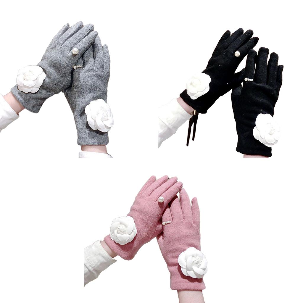 Camellia Pearls Mittens Winter Full Finger Warm Touching Screen Keep Warm Outdoor Thermal Gloves Gloves