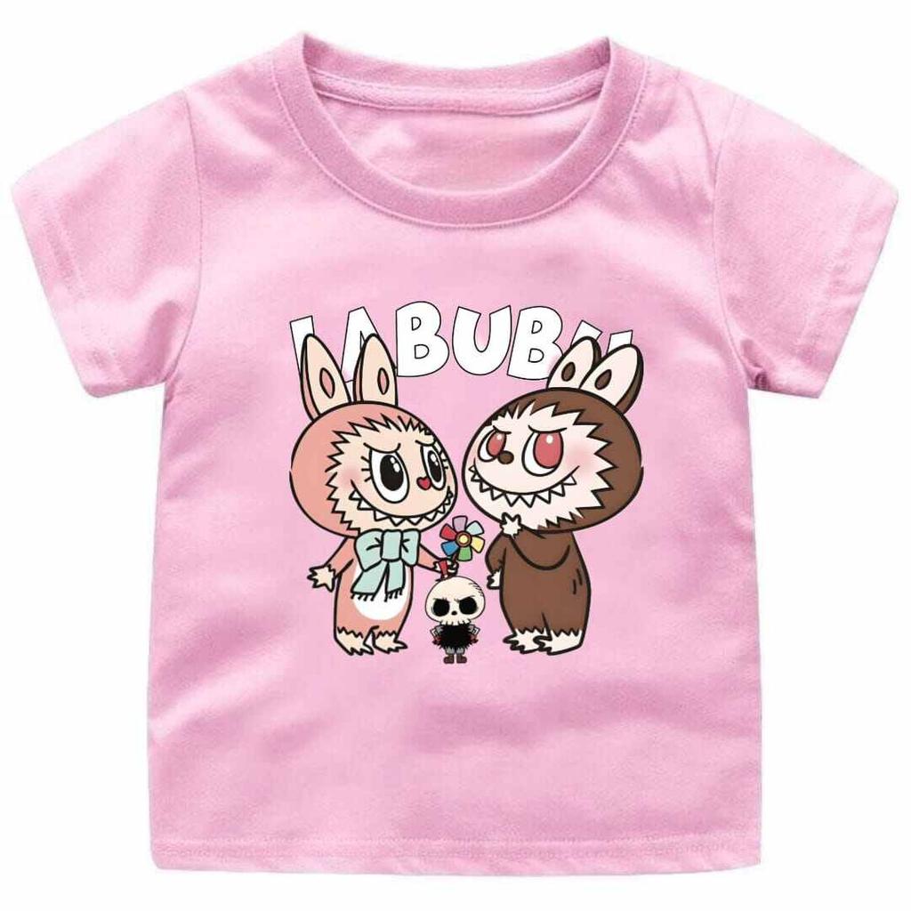 2025 Popular Children's T-shirt LABUBU Printed Cartoon Style Round Neck Short Sleeved Cute and Versatile Girl's Top