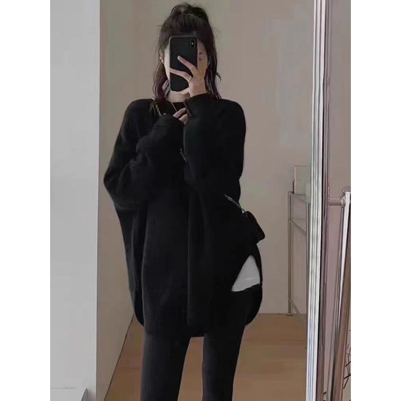 Autumn and Winter Pullover Women Medium and Long Sweater Fashion Loose Office Knitted Bottoming Shirt Solid Color O Neck Long Sleeve Casual Simple Top