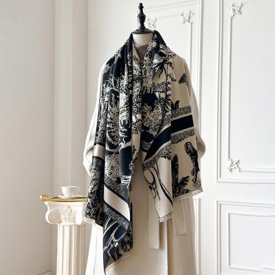 Brand Elegance Two-Sided Print Scarf Soft Warm Fringe Pashmina Shawl Autumn and Winter Outdoor Coldproof Windproof Blanket