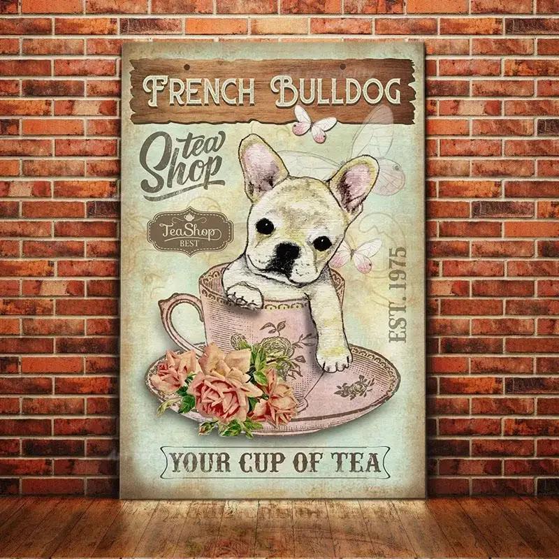 

French Bulldog Coffee Club Dog Tin Sign Funny Puppy Poster Pet Shop Restaurant Home Decoration Vintage Metal Wall Plate Painting 20x30cm（7.8x11.8inch）
