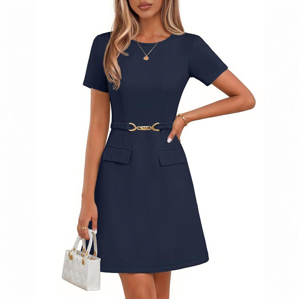 Women's Color Belted Dress - Elegant Summer Wear, Waist Definition