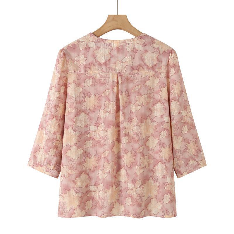 Fashionable Floral Print Blouse for Stylish Grandmas - Plus Size, Loose Fit, Summer Three-Quarter Sleeves