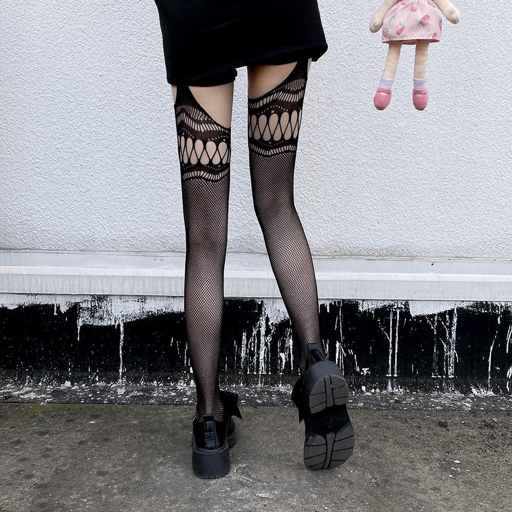 Sexy Black One-Piece Garter Stockings with Open Crotch and Non-Slip Lace Design for Women