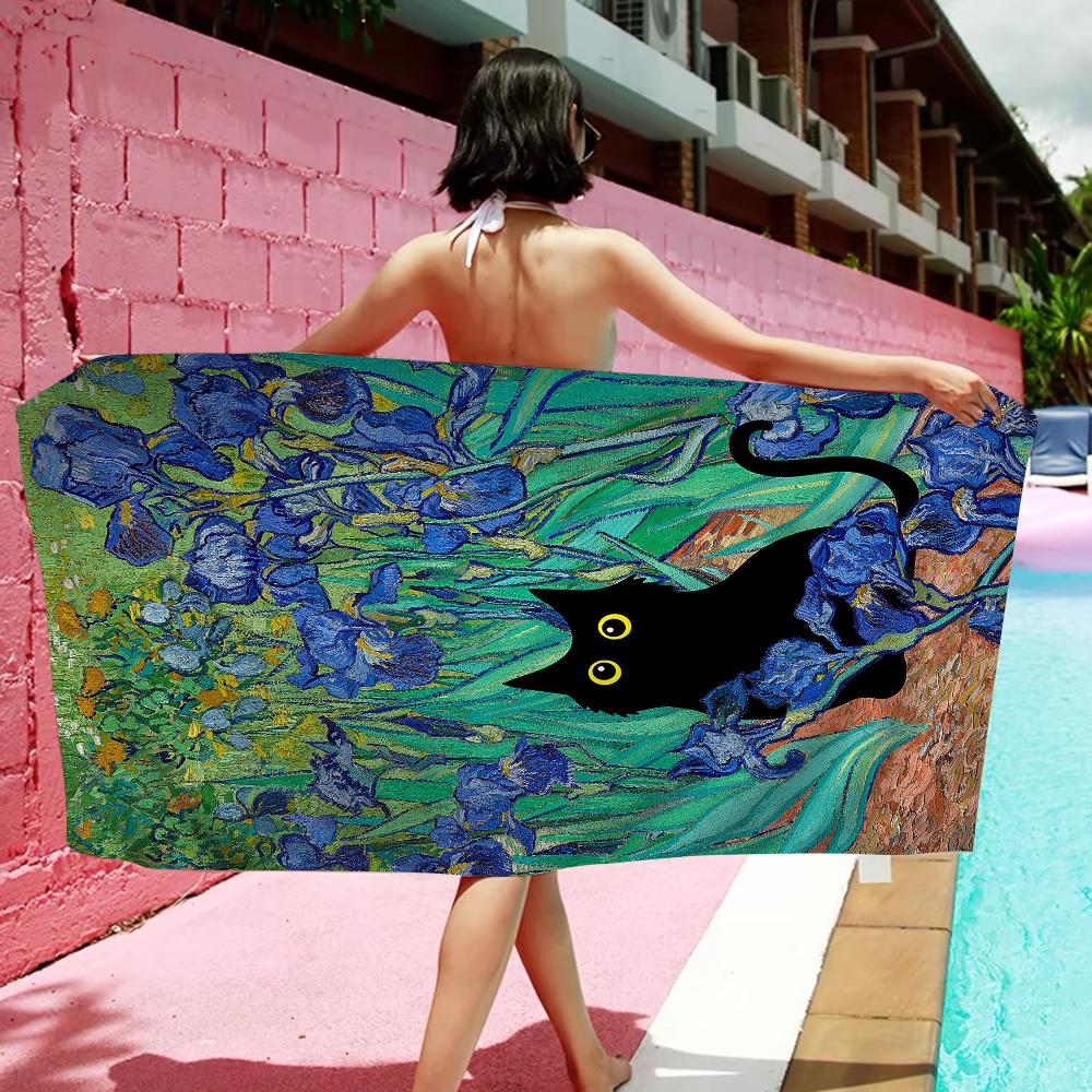Schwarze Katze Kunst Ölgemälde Handtuch Mikrofaser Strandhandtuch Saugfähig Schnell trocknend Weich Yoga Schwimmen Resort Bergsteigen Handtuch