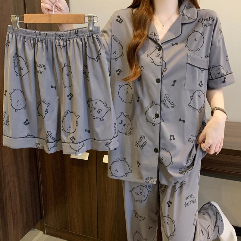 Self-Deprecating Bear Premium Gray Pajamas Women'S Summer Short-Sleeved Trousers Three-Piece Cartoon Loungewear