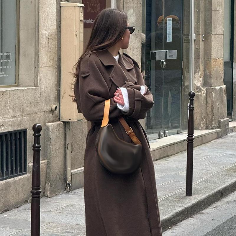 Kabát s klopami, dvouřadé zapínání, temperamentní vlněný dlouhý kabát, silná látka, dámská teplá bunda, podzim 2025