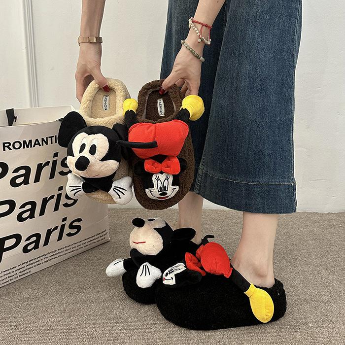 Cartoon Three-dimensional Mickey Cotton Slippers Women's 2025 New Autumn and Winter Indoor Home Warmth Outer Wear Thick-soled Fluffy Slippers