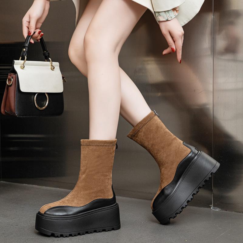 Thick-soled Medium Leather Boots Women's Autumn and Winter 2025 New Muffin Shoes Popular Fashion Short Boots Women's Thin Elastic Boots