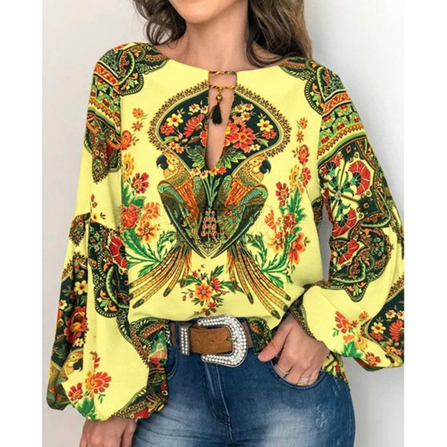 Spring and Autumn Women's Digital Print Round Neck Lantern Sleeve Shirt