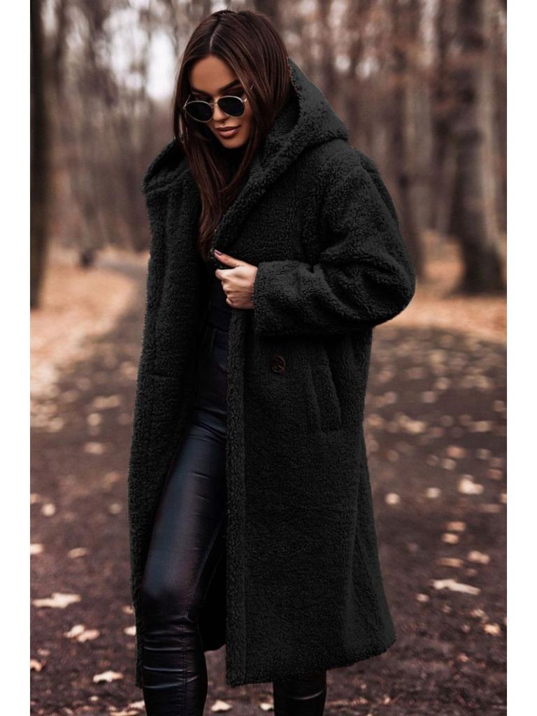 Fur Coat Women ,hooded Collar, Pure Color, Loose and Casual, Long-sleeved Faux Fleece Jacket