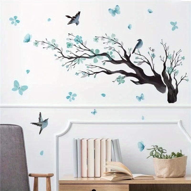Blue Flower Branches Birds Wall Decals Flowers Wall Stickers Living Room Background Home Decor Wallpaper Bedroom Child Wallpaper