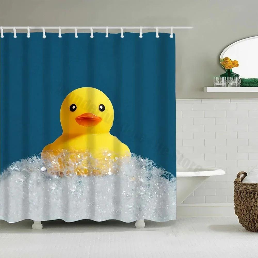 Cute Little Yellow Duck Shower Curtain Cartoon Funny Smiley Face Bathroom Waterproof Bath Duck Fabric 12 Hooks Bathroom Decor