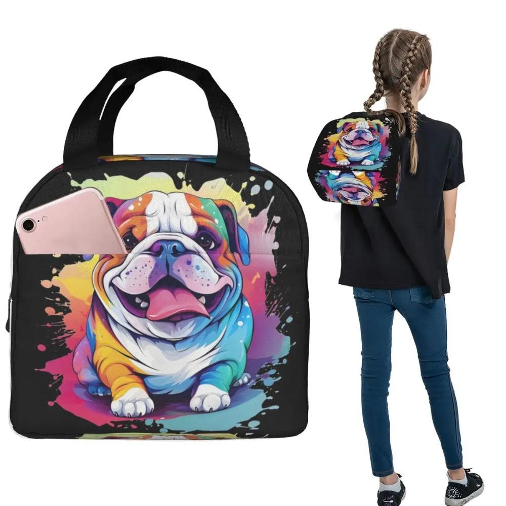 Colorful Cute Graffiti Bulldog Smile Print Insulated Lunch Bag for Women Kids Portable Food Boxes Thermal Lunch Box Tote