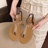 2025 Women's Flat Sandals Rhinestones Toe Clip Elastic Band Women Shoes Dress Beach Fashion Transparent Upper Sandalias De Mujer