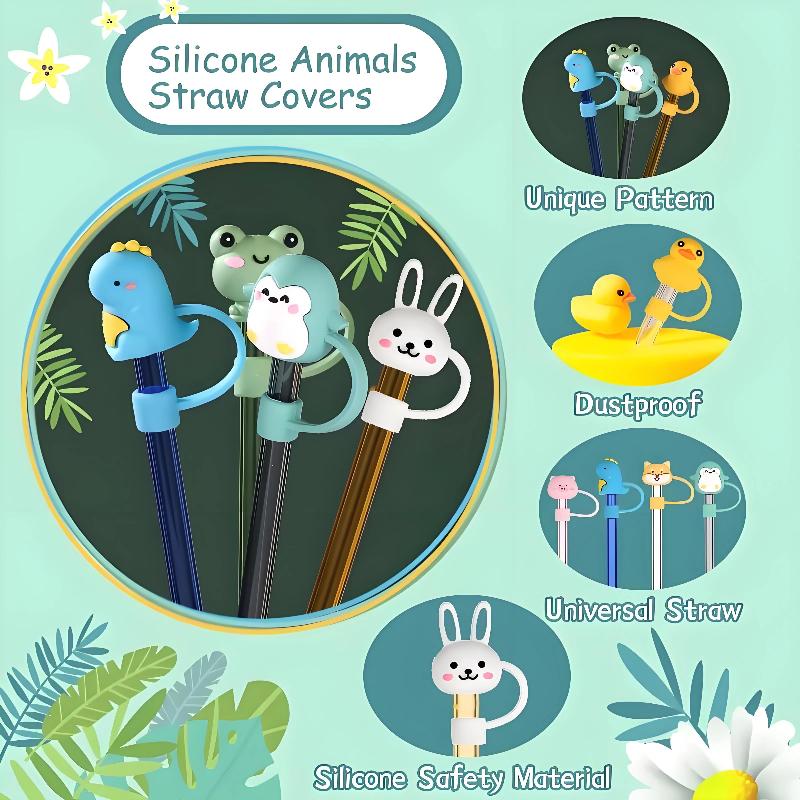12Pcs Cute Animal Silicone Straw Covers Toppers Reusable Cup Accessories Fun Animal Straws Cap for Kids And Adults