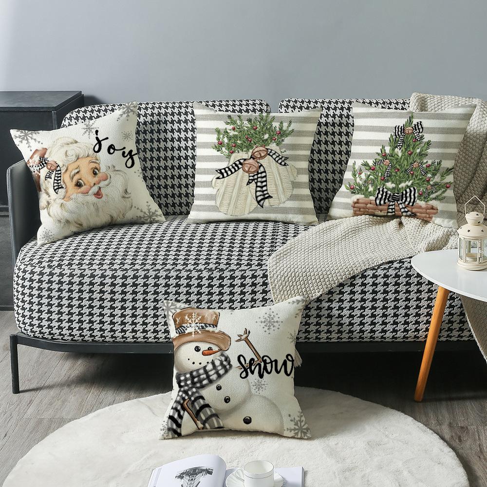 Christmas Pillow Cover Simple Snowman Linen Letter Print Sofa Cushion Home Pillow Cover