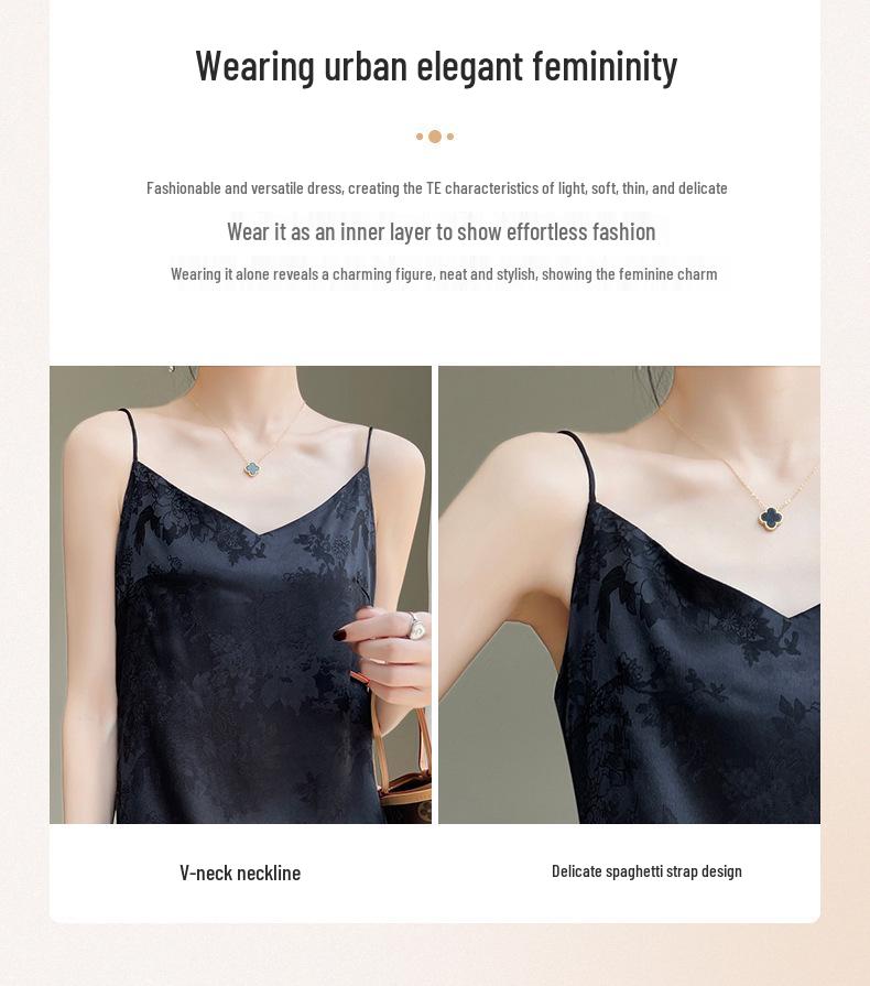 Robe Satin Jacquard à Col V et Bretelles Spaghetti pour Femme - Amincissante, Design Français Haut de Gamme pour Printemps/Été