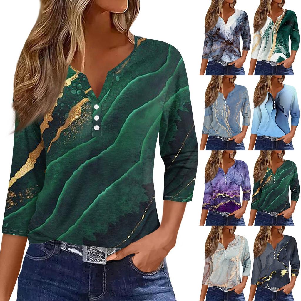 Women's Fashion Casual T-Shirt V-Neck Seven Sleeve Gradient Printed Button Top