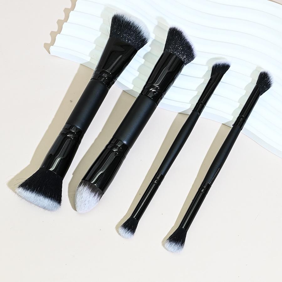 4-Piece Dual-End Makeup Brush Set: Foundation, Blush, Contour, Eye Shadow Blending with Soft Three-Color Bristles