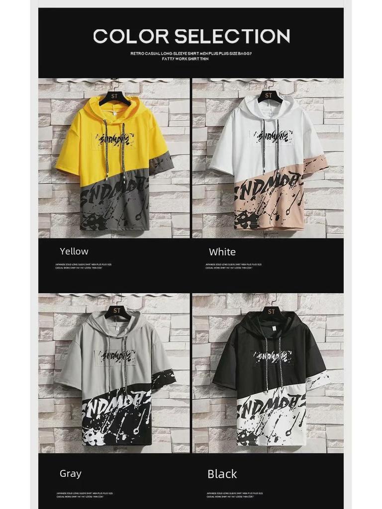 Kurzärmliges Sommer-T-Shirt mit Kapuze für Herren – trendige Fünf-Punkt-Ärmel im koreanischen Stil für Teenager und Jungen