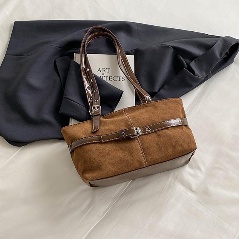 Retro Color‑Block Tote Bag, Metal Buckle Belt Accessory, Riveted Adjustable Shoulder Strap, Spacious Tote For Daily School, Office, Shopping Use