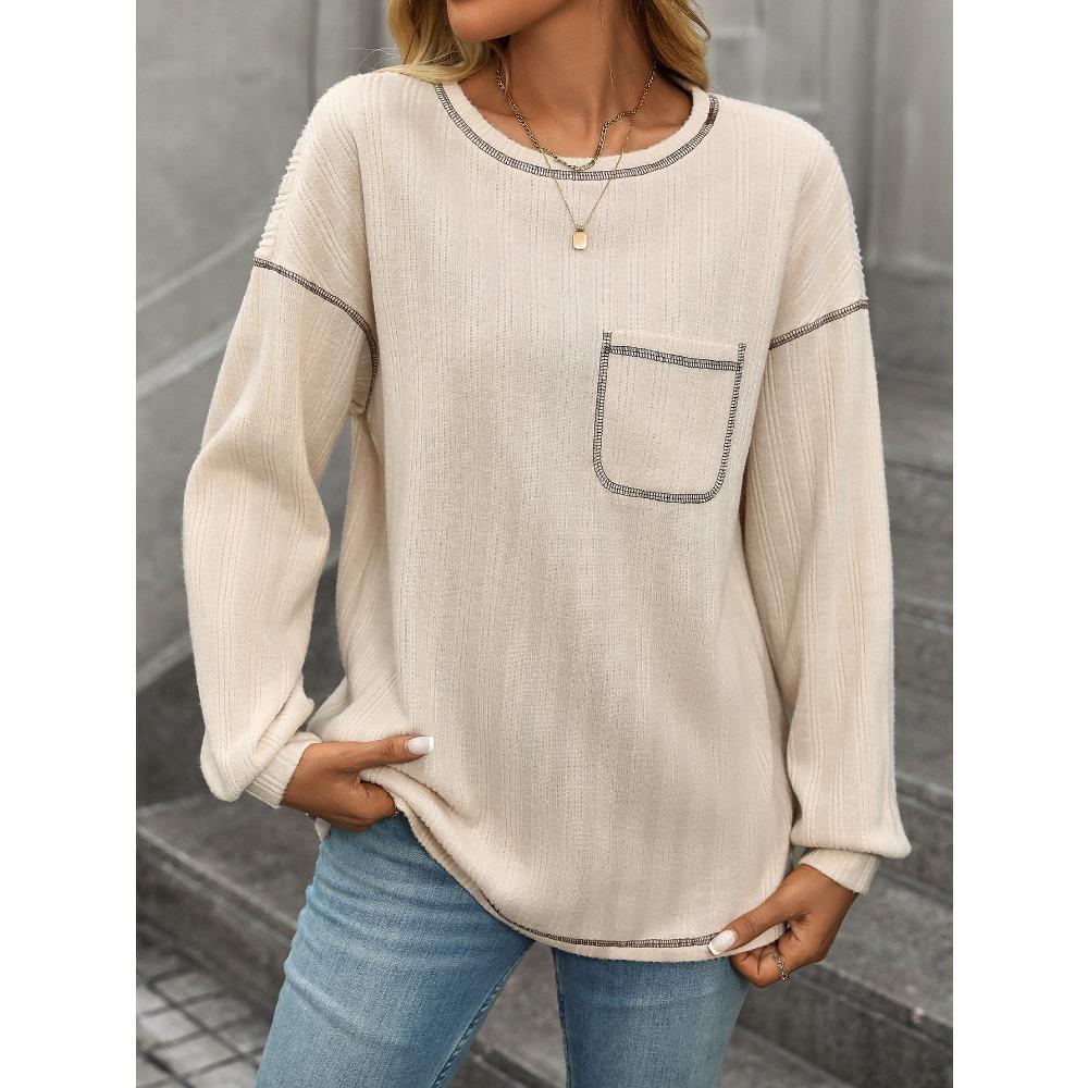 Women's Pit Stripe Brushed Solid Color Round Neck Pocket Casual Loose T-shirts