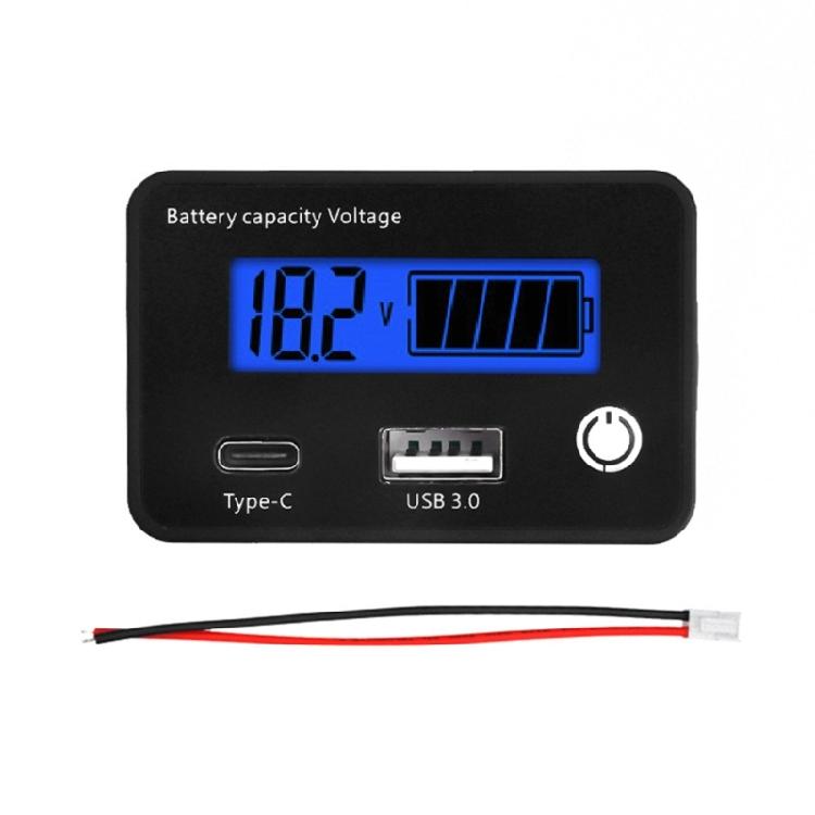 LCD Display Battery Power Monitor with  QC3.0 USB Type C Port for Electric Vehicle Solar Car Lithium Lead Acid Batteries