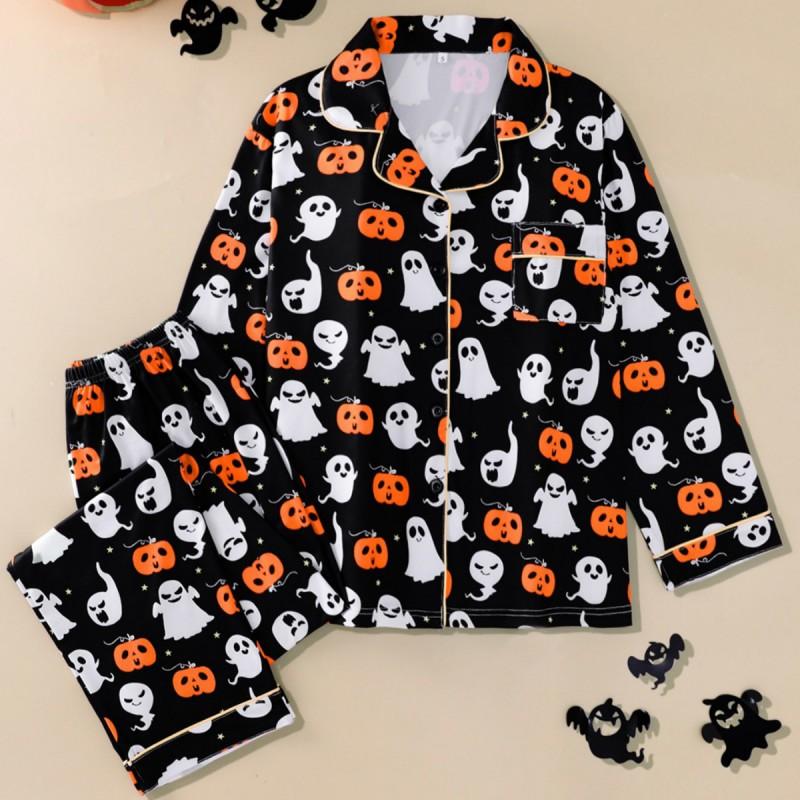 Womens Halloween Pajama Set Long Sleeve Pants Lapel Loose Loungewear Winter