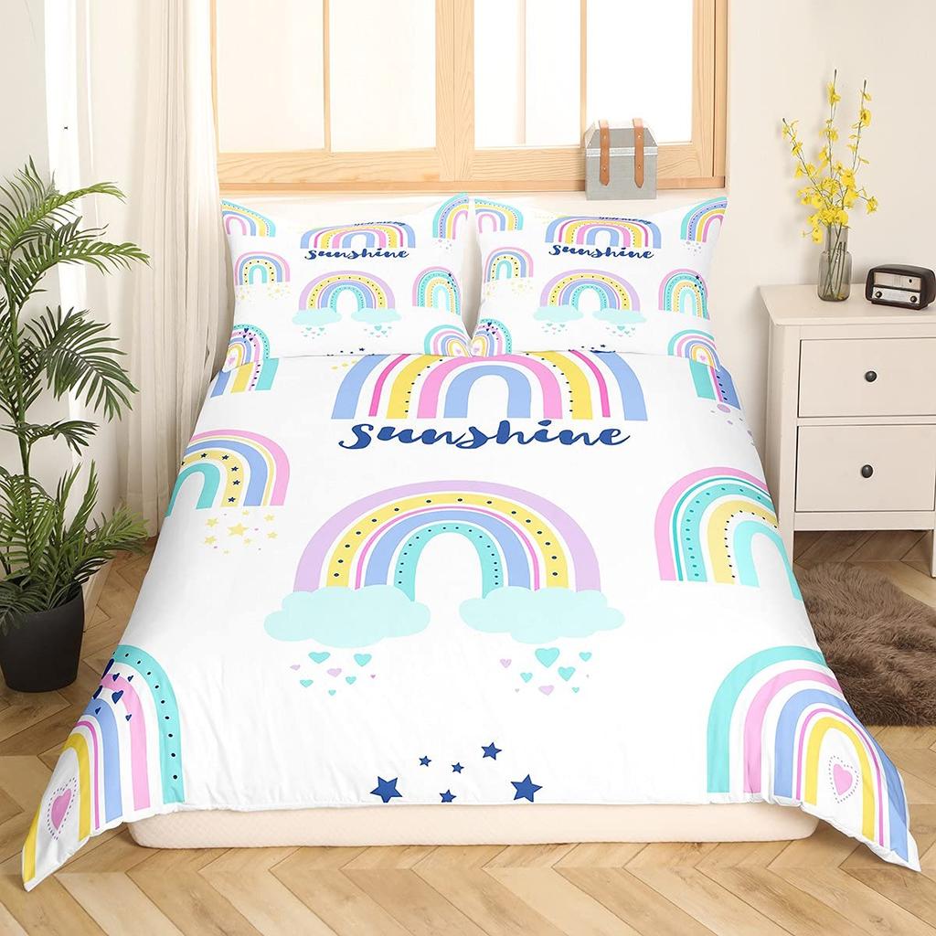 Carton Rainbow King Quen Soft Duvet Cover Children Kids Young Girls Clouds Beding Set Love Heart Warm Comforter Cover Polyester Comfortable Quilt