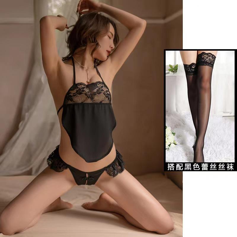 Sexy Retro Lace Seduction Lingerie Belly Pocket Passion Pajamas Open Crotch Lace-up Uniform Set
