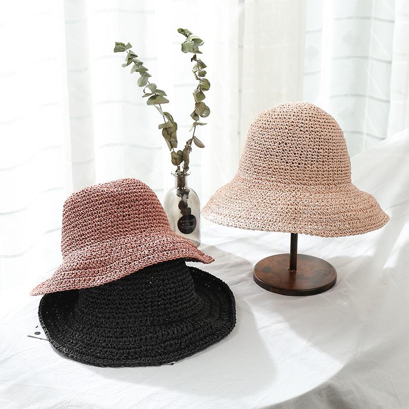 Simple small edge straw hat women's summer casual basin hat bow basin hat travel crochet foldable sunshade sun hat