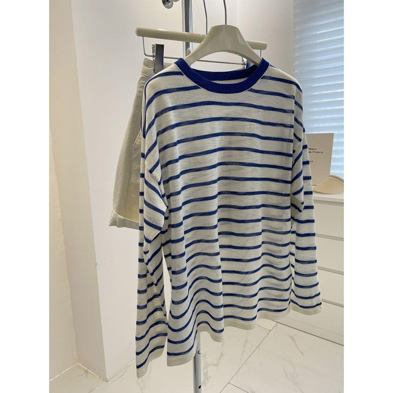 

Awesome X Goods Burst! Super White ~ Blue Ice Silk Linen Stripes Sun Protection Shirt Female Lazy and Loose Knitting Tops Navy blue stripe L