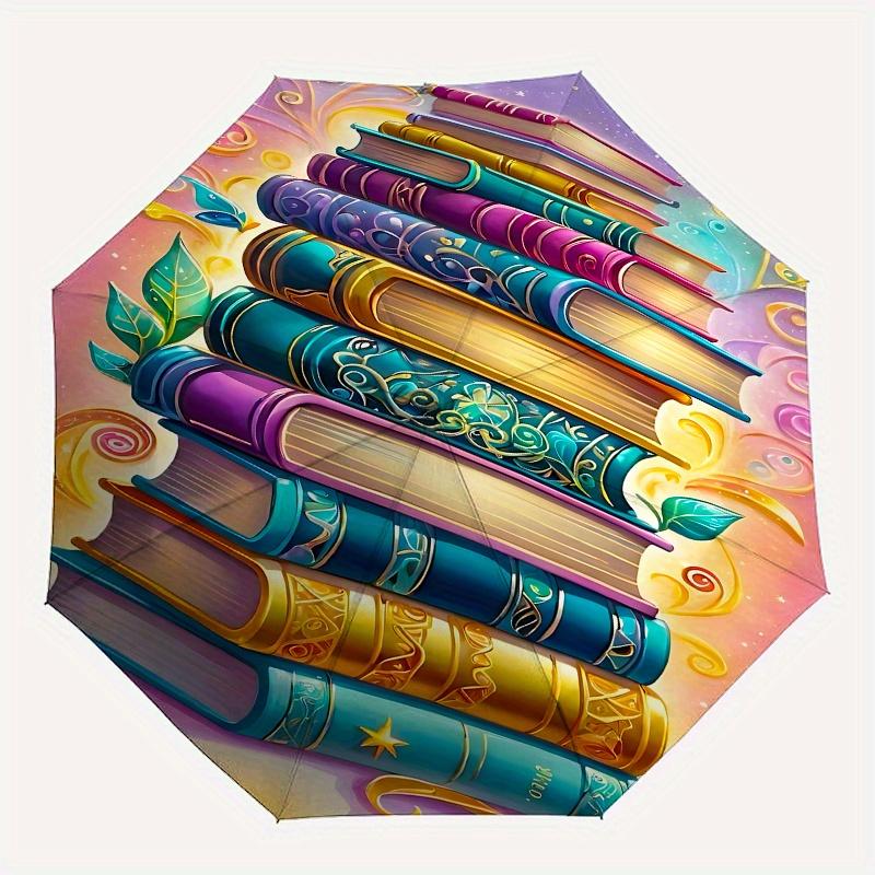 Book Tower, Fantasy Literature Automatic Opening and Closing Umbrella, Compact Travel Umbrella, Lightweight and Portable, Suitable for Beach