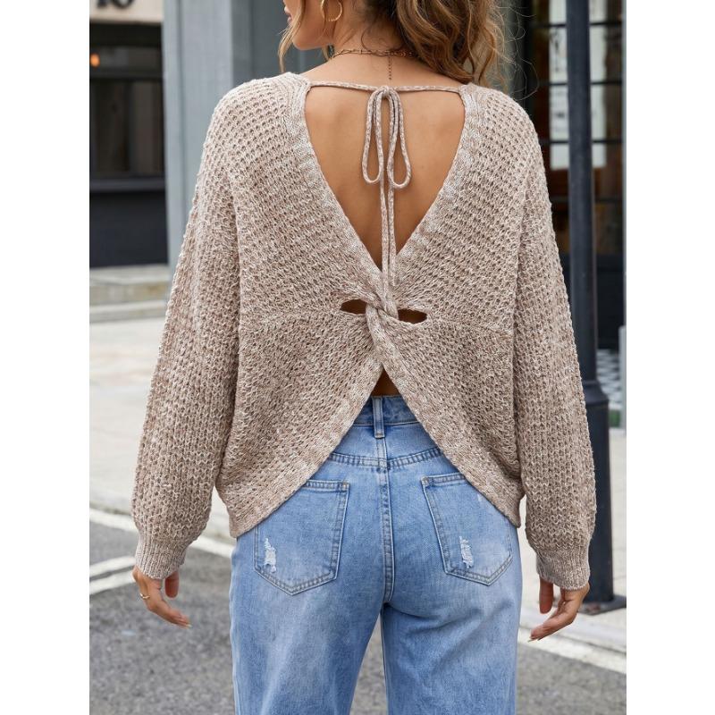 Women Sexy V Neck Backless Cross Strap Loose Pullover Knit Sweater