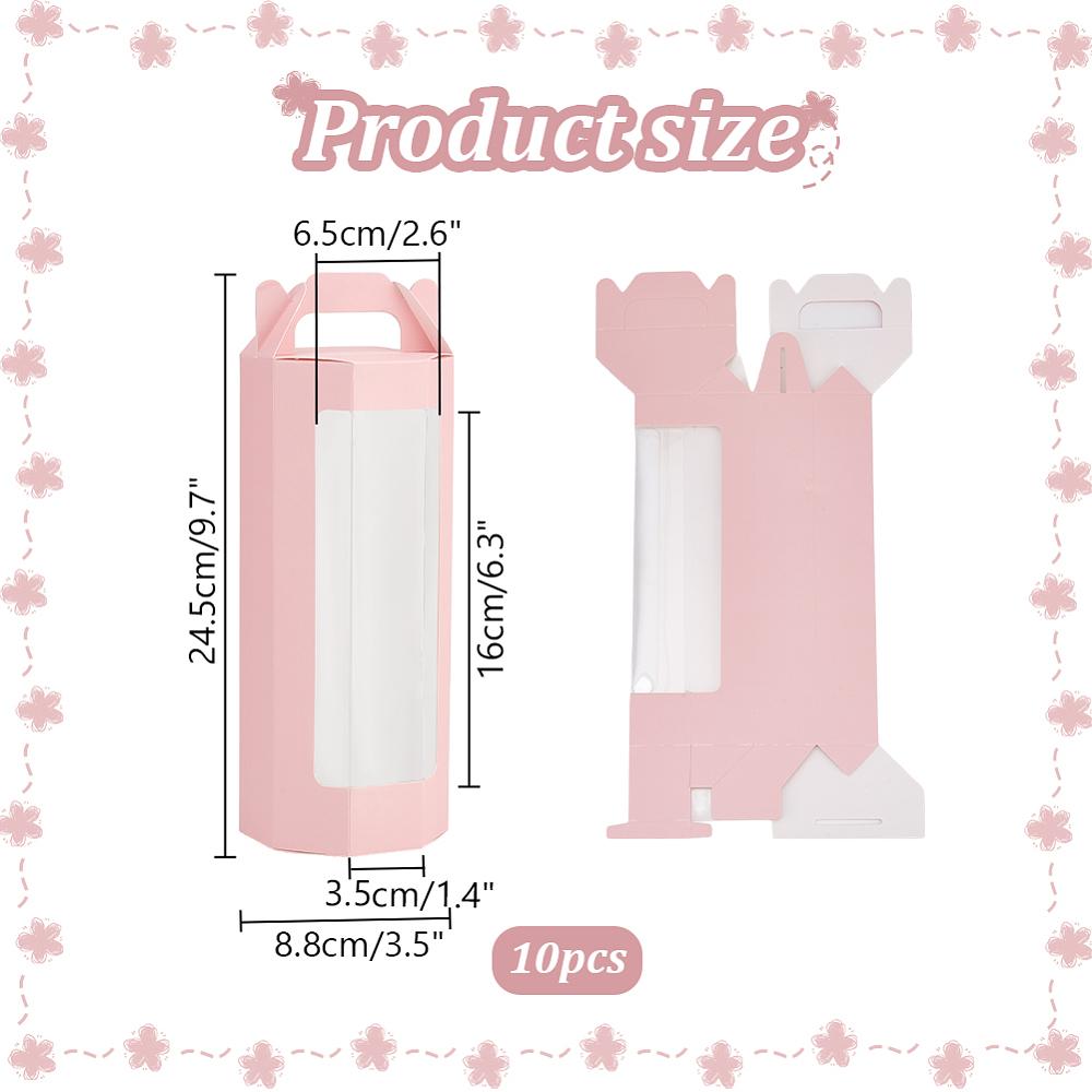 10Pcs Paper Gift Storage Boxes with Visible Window Packaging Carton Boxes Octagon Pink 8.8x3.5x24.5cm