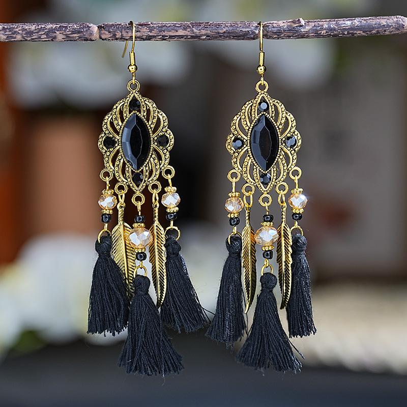 Boho Vintage Crystal Beads Drop Dangle Earrings For Women Handmade Leaf Tassel Geometric Hollow Antique Gold Color Jewelry Gift