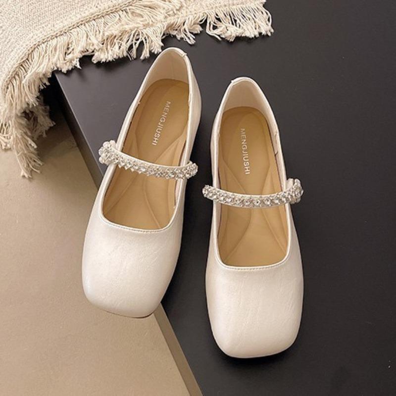 

Summer new with skirt silver single shoes femininity flat bottom square head rhinestone Mary Jane shoes pearl 41