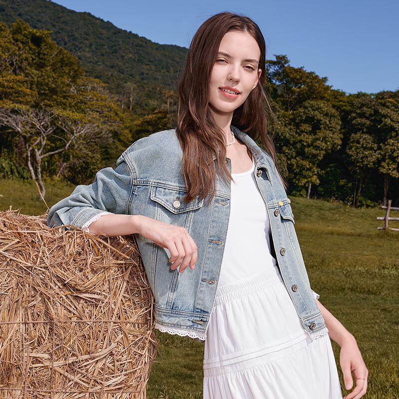 Betu Women's Short Lace-Trim Washed Denim Jacket