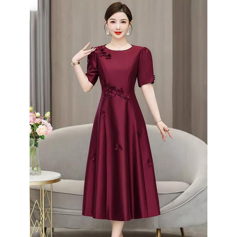 Women's Short Sleeve Midi Dress O Neck High Waist Elegant A-Line Dress Plus Size Wedding Guest Party Applique Dress