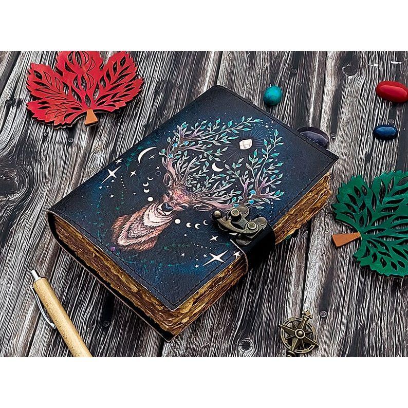 

leather journal Deer Moon journal For Men Women with loc Antique hademade Decle Edge pepar traveling sketchbook black Notebook 7 x 5 in