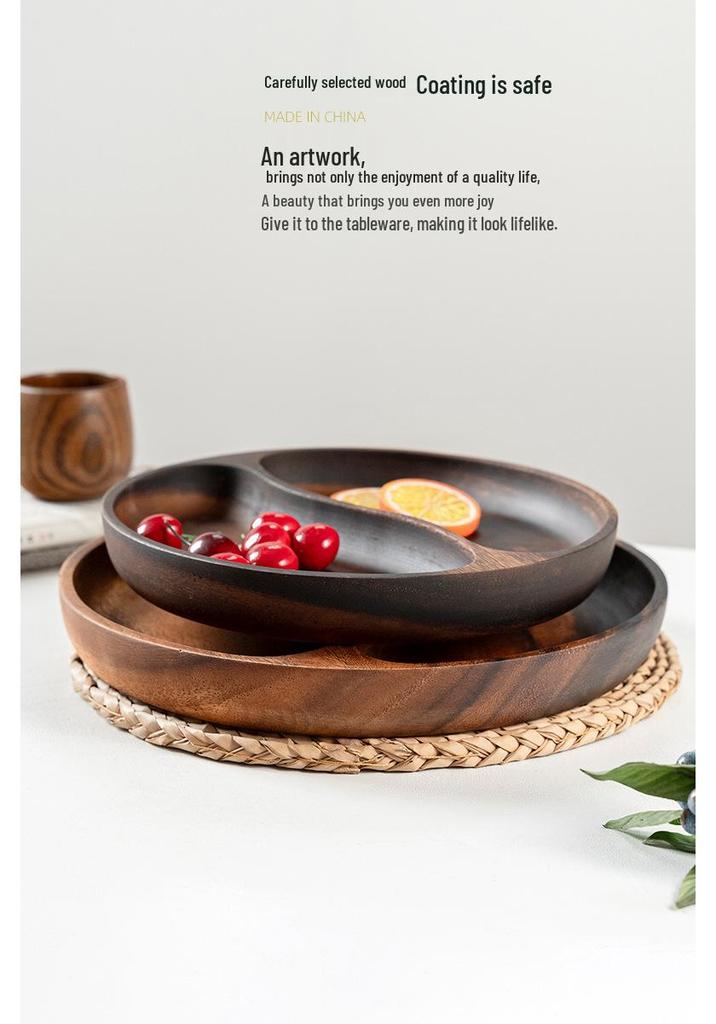 Japanese Style Solid Wood Round Fruit Plate with Five Compartments - Ideal for Snacks and Dried Fruit