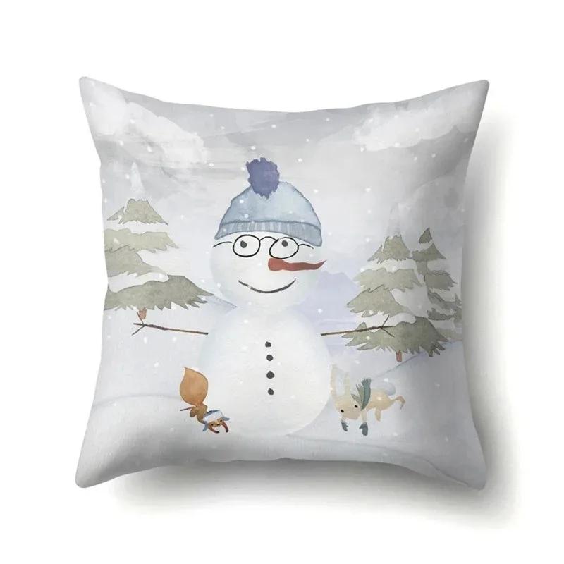 Christmas Snowman Printed Sofa Decorative Cushion Cover Pillow Pillowcase Polyester Throw Pillow Home Decor Pillowcover