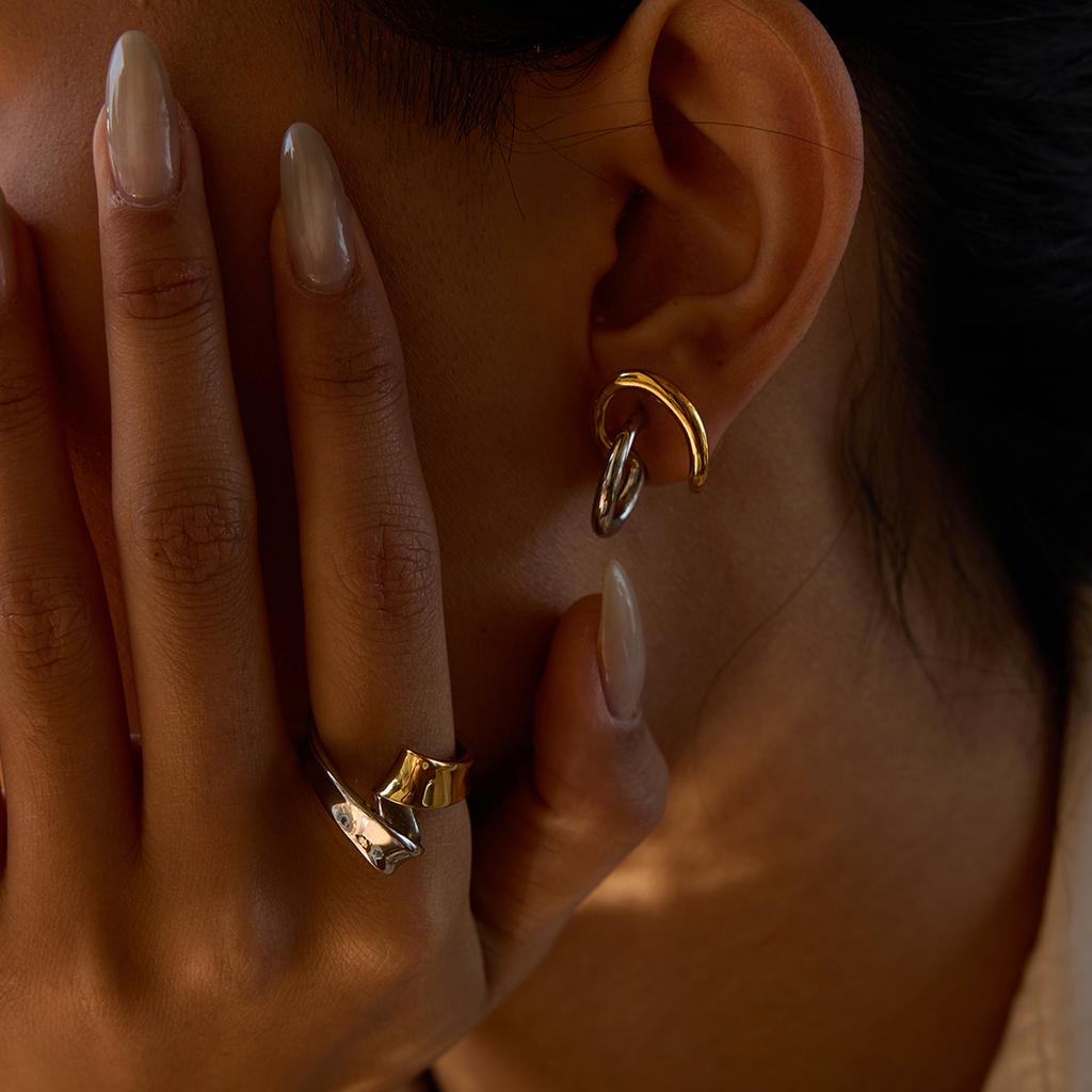Fashion Two Tone Irregular Line Earrings 18K Gold Color Plated Stainless Steel Wrapped Hollow Earrings Women's Jewelry Gifts