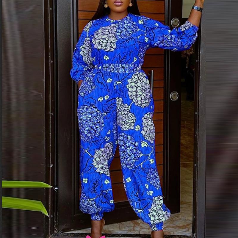 

Женские комплекты с длинными рукавами и брюками большого размера с цветочным принтом и фонариком 5XL синий