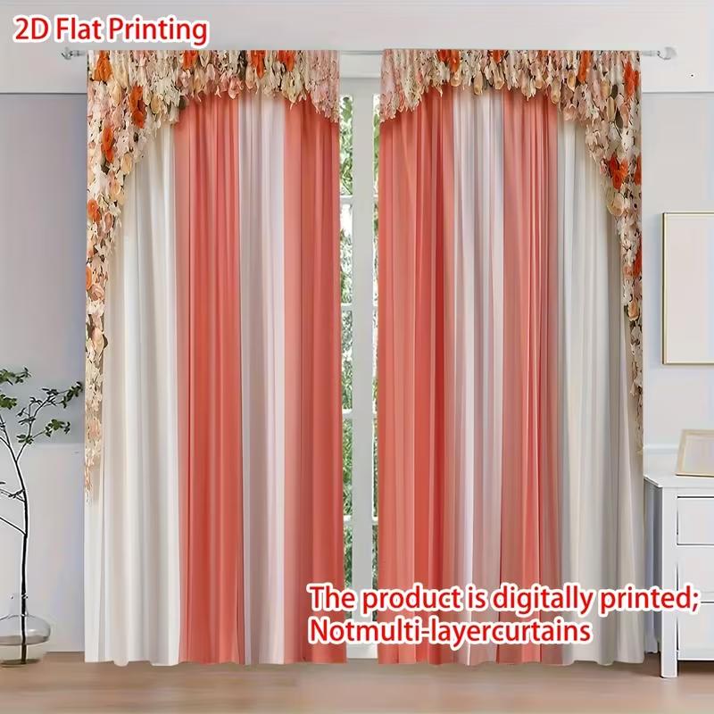 2PC Coral & White Striped Curtains - Floral Valance Print Window Drapes for Living Room Bedroom Decor