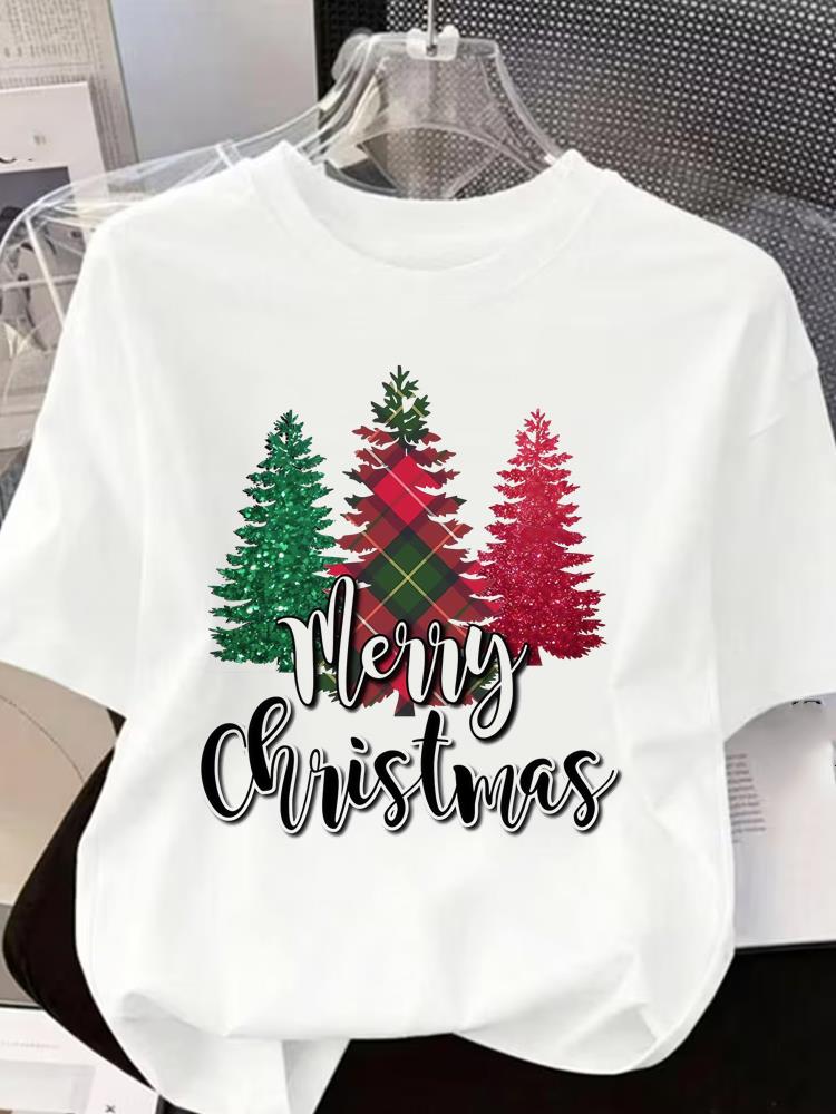 (Asian Size) Letter Tree 90s Short Sleeve T-shirts Women's Top O-neck T Shirt Print Merry Christmas Fashion Casual New Year Clothing Graphic Tee